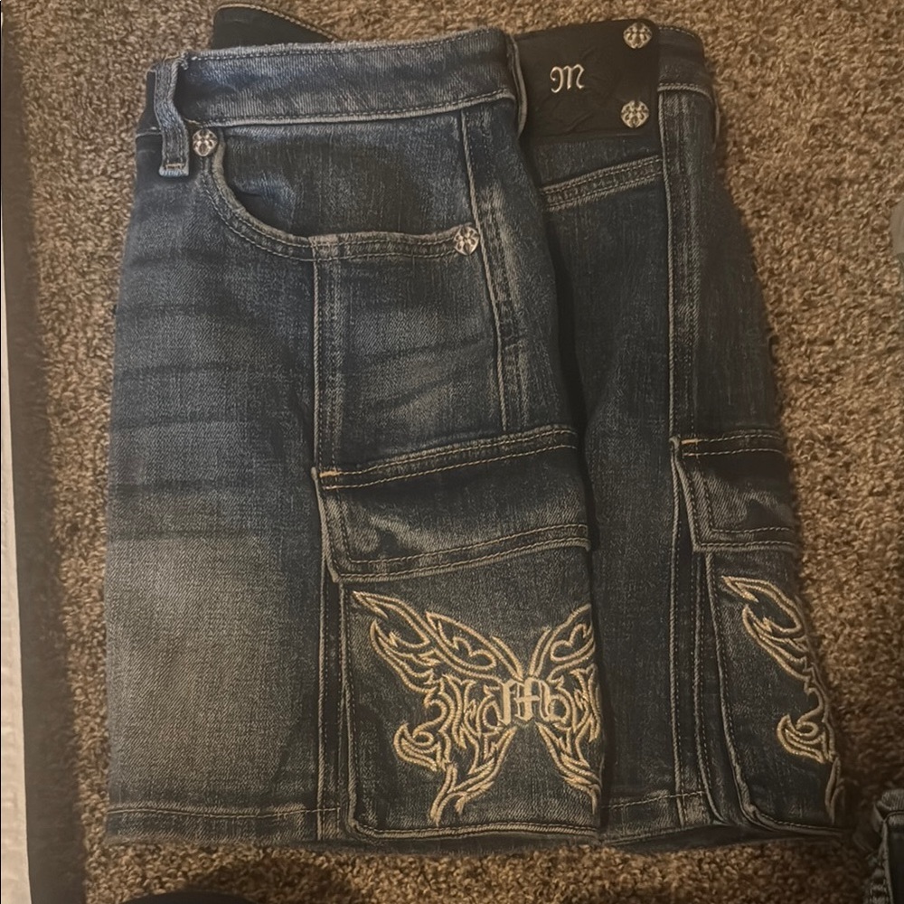 Miss Me Blue Relaxed Jean skirt and pockets with Embroidered Design